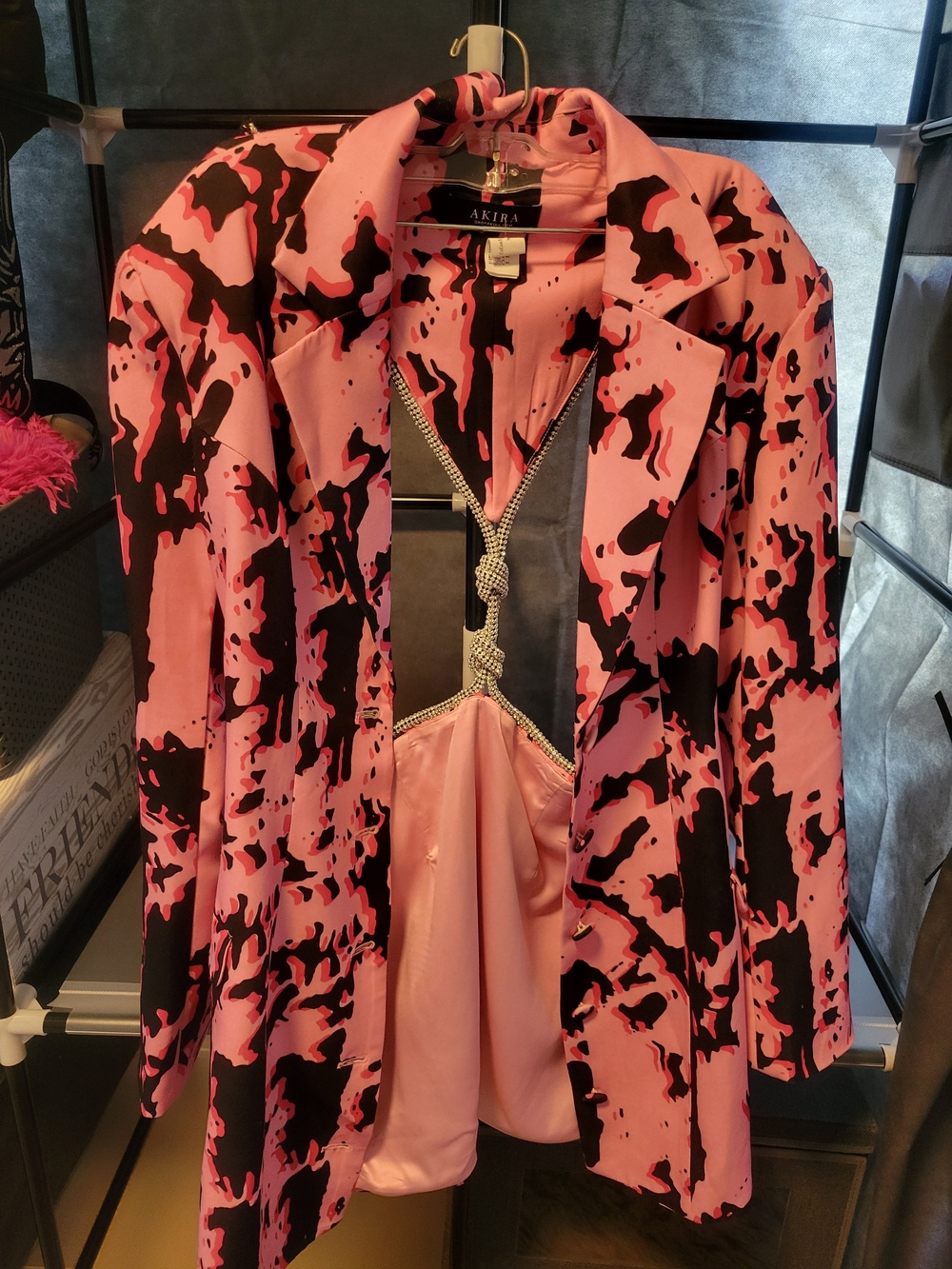 AKIRA Pink and Black Abstract Print Blazer Jacket